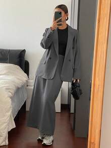 DAZY 女士秋季长款西装外套和中长裙套装商务装 - 灰色 - 查看 3