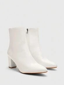 CUCCOO BIZCHIC Pointed Toe, Chunky Heel Women's Commuter Fashion Simple Ankle Boots, Classic White Side Zipper Mid Heel Boots, Suitable For Autumn & Winter For Christmas - White - View 3