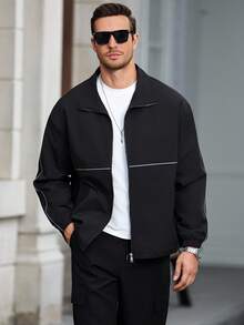 Manfinity Homme Men's Zip Front Loose Casual Jacket, Men Zip Up Jacket, Reflective Jacket, Men Jackets Streetwear - Black - View 1
