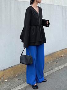 FRIFUL 女士黑色纯色V领长袖荷叶边宽松休闲百搭常规外套，适合机场旅行和外出，秋季女士外套 - 黑色 - 查看 2