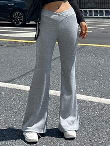 DAZY 女式交叉腰喇叭腿运动裤 - 灰色 - 查看 3