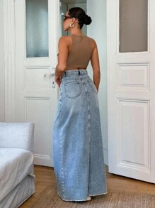 EURMUSE Chân váy denim cạp thấp viền rộng 100% cotton - Rửa trung bình - Xem 2