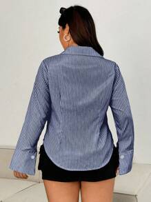 Sweetra Áo sơ mi sọc dọc màu xanh, áo sơ mi nữ dáng ôm vừa vặn thời trang mới cho mùa thu - Màu xanh hải quân - Xem 2