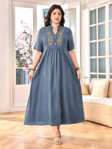 SHEIN Lacomfia Đầm thường ngày tay ngắn thêu cổ tương phản thanh lịch cỡ lớn cho nữ, thoải mái và tôn dáng khi đi làm - Màu xanh bụi bặm - Xem 6