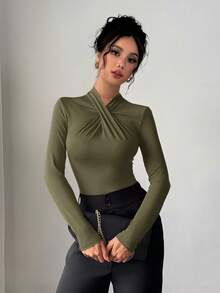 Firerie Bộ đồ liền thân cổ bèo nhún màu đỏ thanh lịch, hiện đại và gợi cảm, đa năng cho mặc thường ngày, ở nhà và giao lưu, mùa thu/đông - xanh quân đội - Xem 5