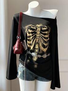 Comfortcana Áo thun nữ tay dài cổ tròn đơn giản, dáng rộng, thường ngày - màu đen - Xem 1