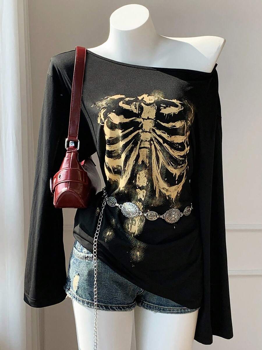 Comfortcana Áo thun nữ tay dài cổ tròn đơn giản, dáng rộng, thường ngày - màu đen - Xem 1