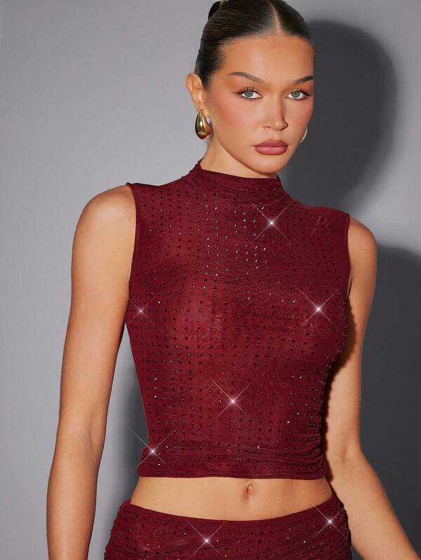 Hauture Top de malla con doble capa, cuello alto, color rojo burdeos, con aplicaciones de strass, para fiesta de verano sexy