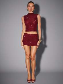 Hauture 性感夏日派对勃艮第红色高领烫钻双层网眼背心