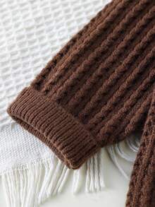 Back-To-School Young Girls Thick Round Neck Cable Knit Sweater,Oversized Loose Fit Vintage Embroidered Patch Casual Wear For School Autumn Fall Winter - Brown - View 5