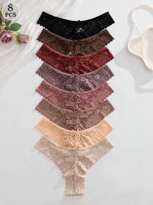 Conjunto de 8 calcinhas femininas românticas e sensuais de renda, multicoloridas - Multicolorido - Ver 4