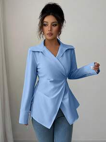 Elenzga Women's Solid Color Crossed Wrap Front Long Sleeve Casual Versatile Shirt - Blue - View 4