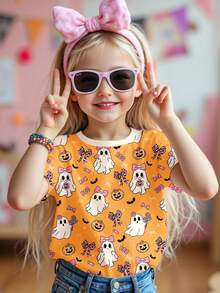 SHEIN Camiseta de manga corta y cuello redondo básica de uso casual con gráficos de Halloween para niña, 3 piezas en colores crema rosa, crema naranja y negro con calabazas lindas, fantasmas, moños y frases de la temporada de miedo, ideal para el otoño y la comodidad - Multicolor - Ver 4