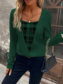 EMERY ROSE Sudadera casual de mujer con mangas largas y parches a cuadros - Verde Oscuro - Ver 5