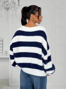 SHEIN EZwear Women's Casual Striped Asymmetric Neck Long Sleeve Loose Knit Sweater, Autumn - Multicolor - View 2
