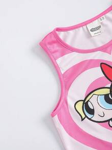 THE POWERPUFF GIRLS X SHEIN 青少年女孩时尚 Y2K 休闲夏季心形和可爱卡通花朵、泡泡、毛茛图案不对称下摆无袖上衣 - 粉色 - 查看 4