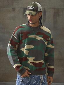 AXEPEAK Men's Casual Camouflage Pattern Round Neck Drop Shoulder Long Sleeve Sweater, Autumn, For Fall Winter - Multicolor - View 4