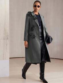 Aveloria Modichic Fashionable Versatile Commuter High-End Elaborate 3D Floral Design Long Lapel Blazer For Women, Regular Fit Holiday Party Clothes  - Dark Grey - View 5
