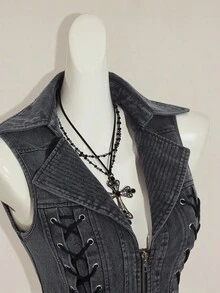 SHEIN ICON Áo croptop nữ buộc dây, kiểu dáng retro Y2K gợi cảm, phá cách, dễ thương, áo corset cổ yếm ôm sát, áo kiểu Gothic, quần áo Gothic nữ, áo đen nữ, quần áo Gothic mùa hè, áo corset nữ, áo đen. - màu đen - Xem 9