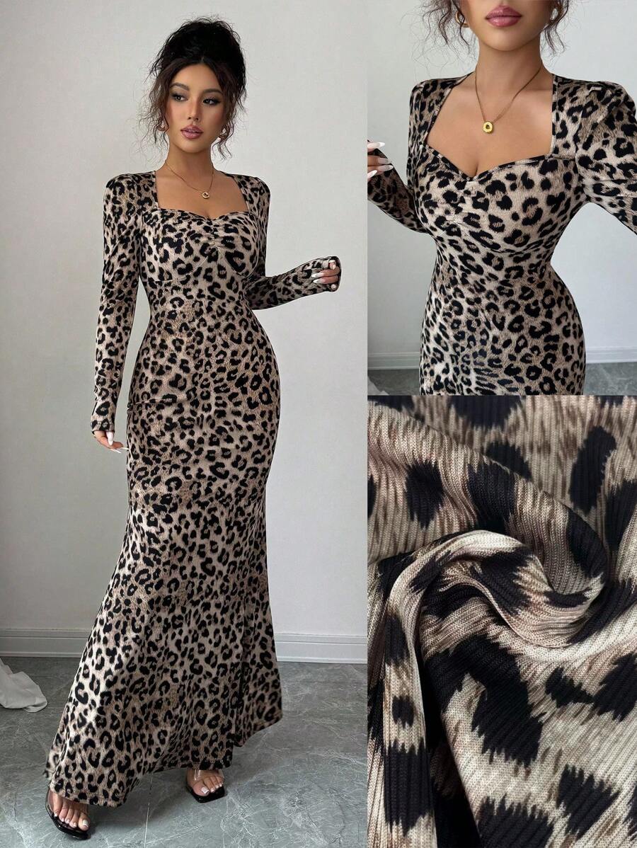 Elenzga 随机豹纹针织弹力复古优雅修身方领长泡泡袖腰部收紧美人鱼连衣裙，带褶饰设计 - 棕色 - 查看 1