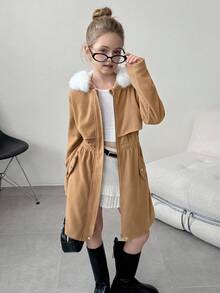 Tween Girl Patchwork Faux Fur Hooded Long Sleeve Cinched Waist Casual Jacket, Autumn/Winter Fall - Khaki - View 5