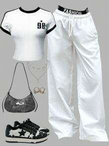 Girlism Tween Girls 运动街头服饰套装 - 复古美式撞色短袖 T 恤和休闲阔腿裤套装，返校装 - 黑與白 - 查看 1