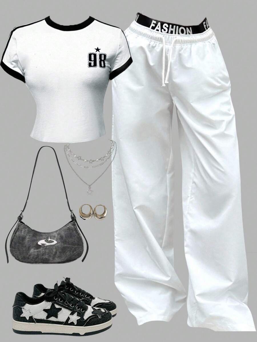 Girlism Tween Girls 运动街头服饰套装 - 复古美式撞色短袖 T 恤和休闲阔腿裤套装，返校装 - 黑與白 - 查看 1