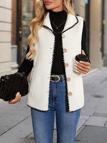 Roamenne Roamenne Women's Casual Contrast Color Trim Sleeveless Lightweight Jacket, Autumn/Winter - White - View 1