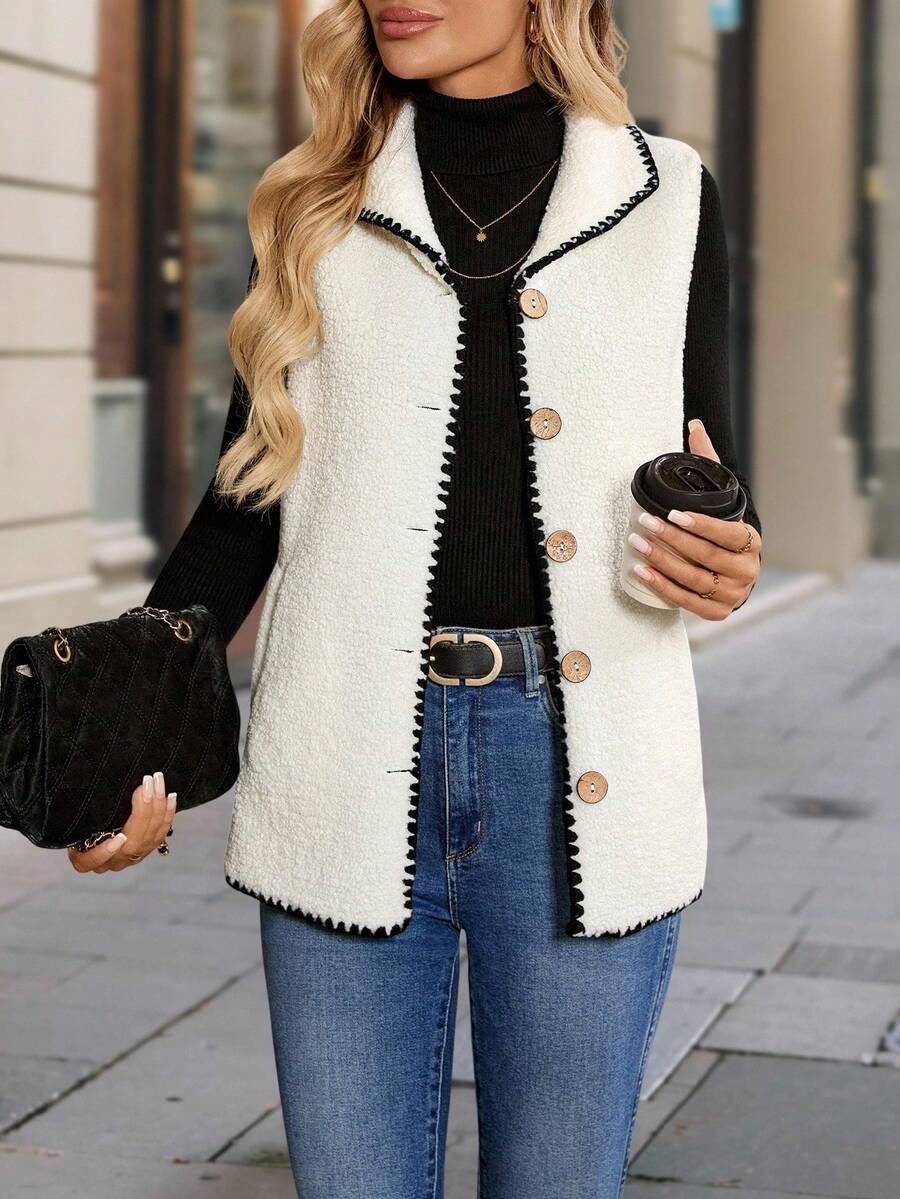 Roamenne Roamenne Women's Casual Contrast Color Trim Sleeveless Lightweight Jacket, Autumn/Winter - White - View 1