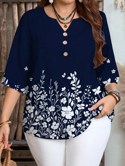 EMERY ROSE Camisa casual de corte holgado con estampado floral azul marino y blanco, adecuada para el otoño