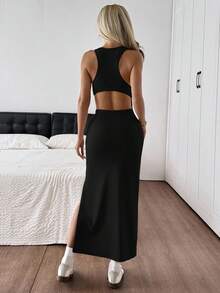 SHEIN EZwear 女式黑色针织露背紧身无袖连衣裙 - 黑色 - 查看 2