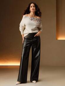 Anewsta 女式露肩彩色纽扣针织套头衫，适合秋季、秋季、冬季、外出、优雅、正式、派对、别致、新年、圣诞节、工作、毕业、婚礼 - 杏色 - 查看 7