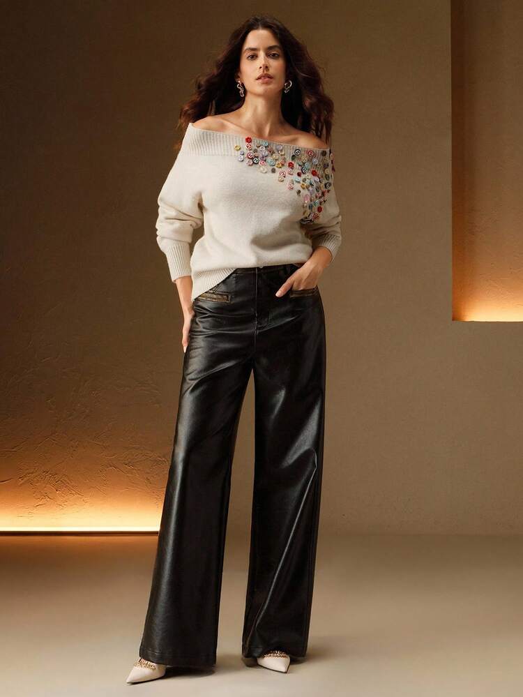 Women's Off-Shoulder Colorful Button Knit Pullover Sweater, Suitable For Autumn, Fall, Winter, Going Out, Elegant, Formal, Party, Chic, New Year, Christmas, Work, Graduation, Wedding