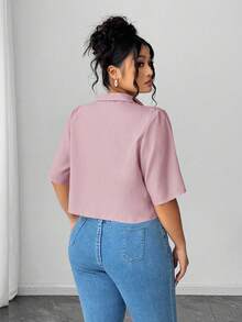 Elenzga Women's Pleated Bow Front Short Elegant Blouse - Pink - View 2
