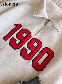 青少年女孩秋季休閒學院風街頭時尚刺繡白色字母「1990」復古文字街頭風 Polo 運動衫 校園淺灰色 - 灰色 - 查看 4