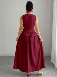 Elenzga Vestido maxi de mujer talla grande de unicolor con cuello en V sin mangas, decorado con broche de estrella de mar en la cintura, elegante y sofisticado - Burdeos - Ver 2