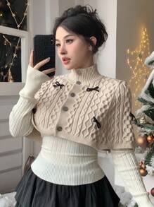 DAZY 女士秋冬花卉格子图案蝴蝶结装饰高领套头衫 针织套头衫 - 杏色 - 查看 7