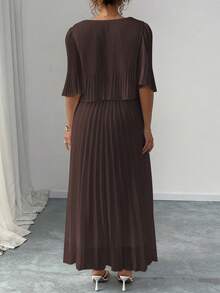 Elenzga 大码纯色优雅淑女雪纺百褶连衣裙，春夏 - 咖啡棕 - 查看 2