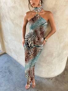 Aloruh Đầm maxi bodycon khoét lưng họa tiết da báo kaki thanh lịch và gợi cảm dành cho nữ kèm khóa kim loại trang trí, thích hợp cho tiệc tùng và tụ tập - trắng - Xem 8