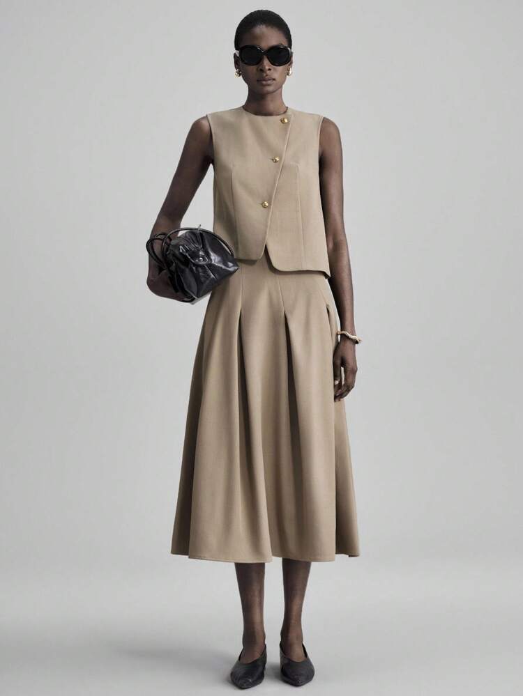 Ontre 2026SS New Khaki Asymmetrical Cut Oblique Placket Metal Button Design Women's Suit Vest & Skirt Set, Elegant For Party And Urban Commute - Khaki - View 4