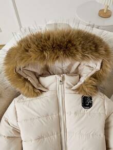 SHEIN Explorewe Girls' Casual Hooded Thickened Padded Coat, Brown Fur Collar, Embroidered Logo On Chest, Ribbed Cuffs And Hem, Slant Pockets, Suitable For Shopping, Walking, School, Commuting, Traveling, Can Be Paired With Sweaters, Long Sleeves, Pants Fall Winter - Khaki - View 7