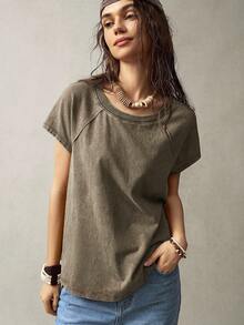 Bohemela Vintage Distressed Patchwork Short Sleeve T-Shirt,Brown Top