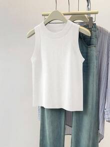 Airaco Áo len không tay cổ tròn màu trơn dành cho nữ, mùa thu - trắng - Xem 3