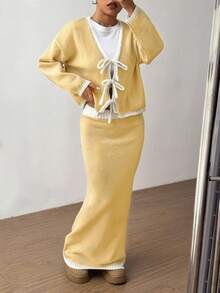 Flirla 2pcs Ombre Bowknot Strap Casual Basic Knit Set, Autumn/Winter - Multicolor - View 3