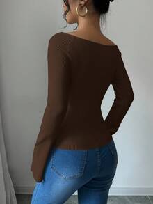 Elenzga 1 件女式露肩喇叭袖修身毛衣 - 咖啡棕 - 查看 3