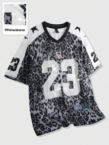 ROMWE MEN Prep 男士街头嘻哈美国城市名称标语印花复古动物图案豹纹背景运动短袖T恤，适合春夏季日常穿着 - 灰色 - 查看 5