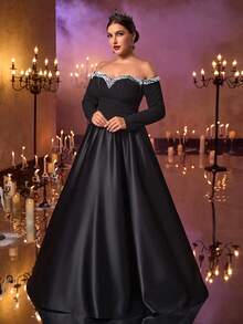 Glamrae Große Größen elegantes luxuriöses schwarzes elastisches Strick-Off-Shoulder Kleid mit Satinpatchwork, Perlenverzierung und Langarm, geeignet für Hochzeiten, Partys, Galas, Urlaub, formelle Anlässe (stark verziert)