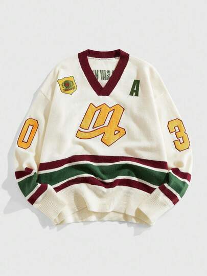 Prep Jersey deportivo de punto con cuello en V para hombres, estilo callejero retro