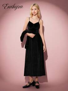 2pcs/Set Teen Girls Casual Elegant Vacation Dress, Black Long Sleeve Jacket And Black Velvet Bowknot Camisole Snug Fit Maxi Dress, Suitable For Halloween, Autumn/Winter Black Outfits Black Dress Black Clothes Black Outfit Set Black Glitter Dress - Black - View 4