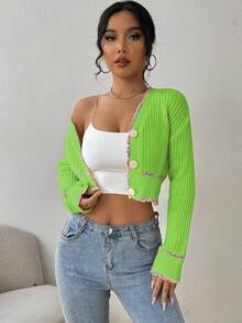 Chiquease Women's Elegant Contrast Trim Button Front Long Sleeve Cardigan Sweater Fall Winter Cloth For Women - Olive Green - View 5